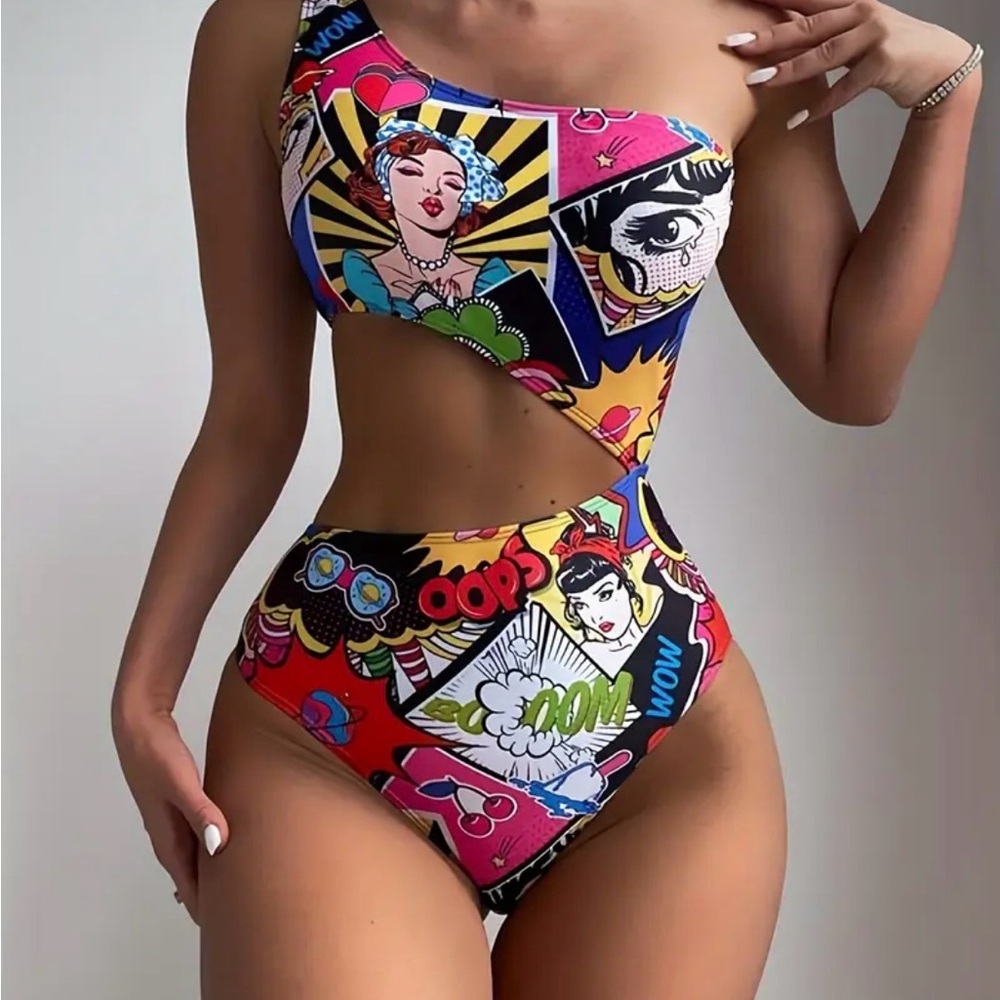 Colorful Pop Art One-Shoulder Swimsuit - Picture 4 of 13